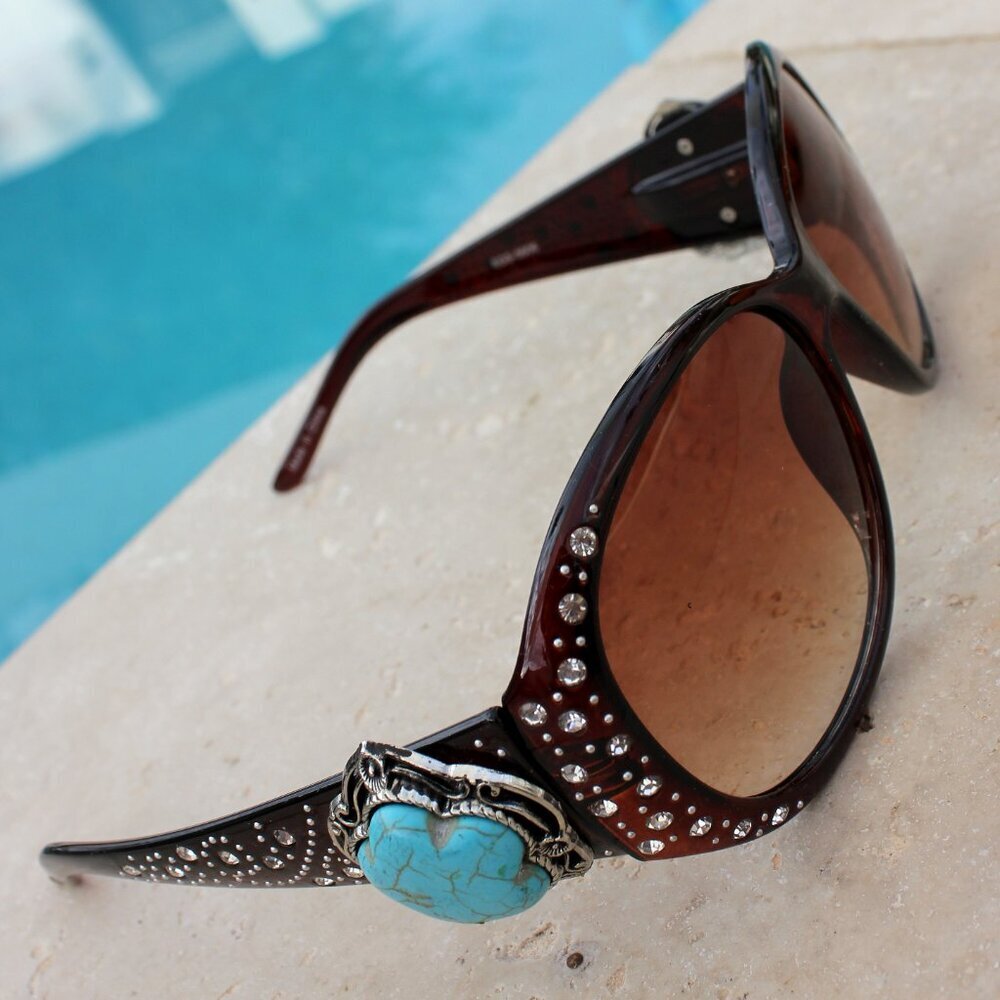 Montana West Sunglasses in Coffee w/Turquoise Flower Concho Accents